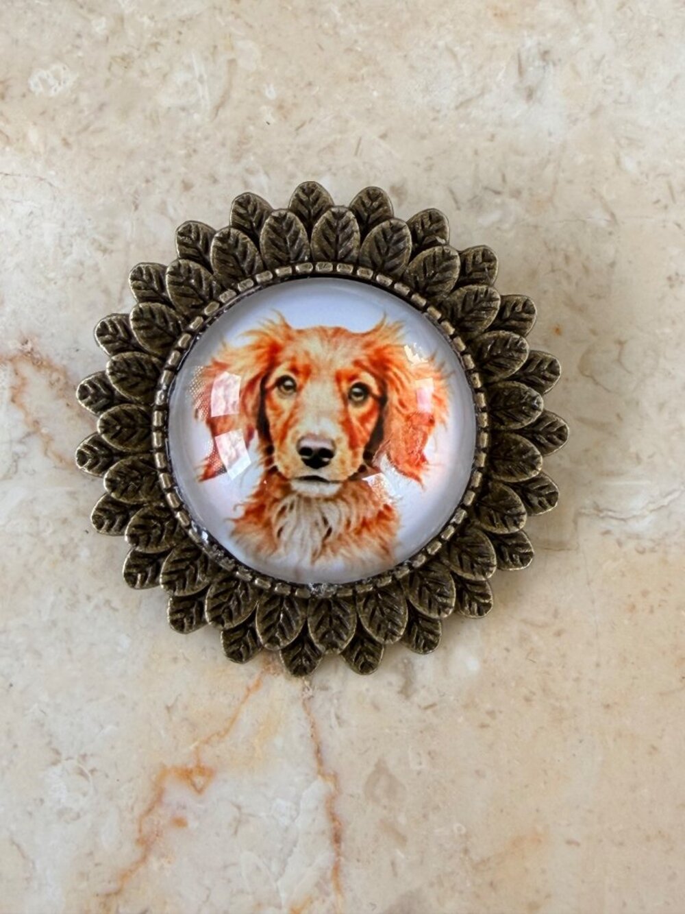 Cocker Spaniel Bronze Dog Brooch With Golden Retriever Illustration Leaf Pattern